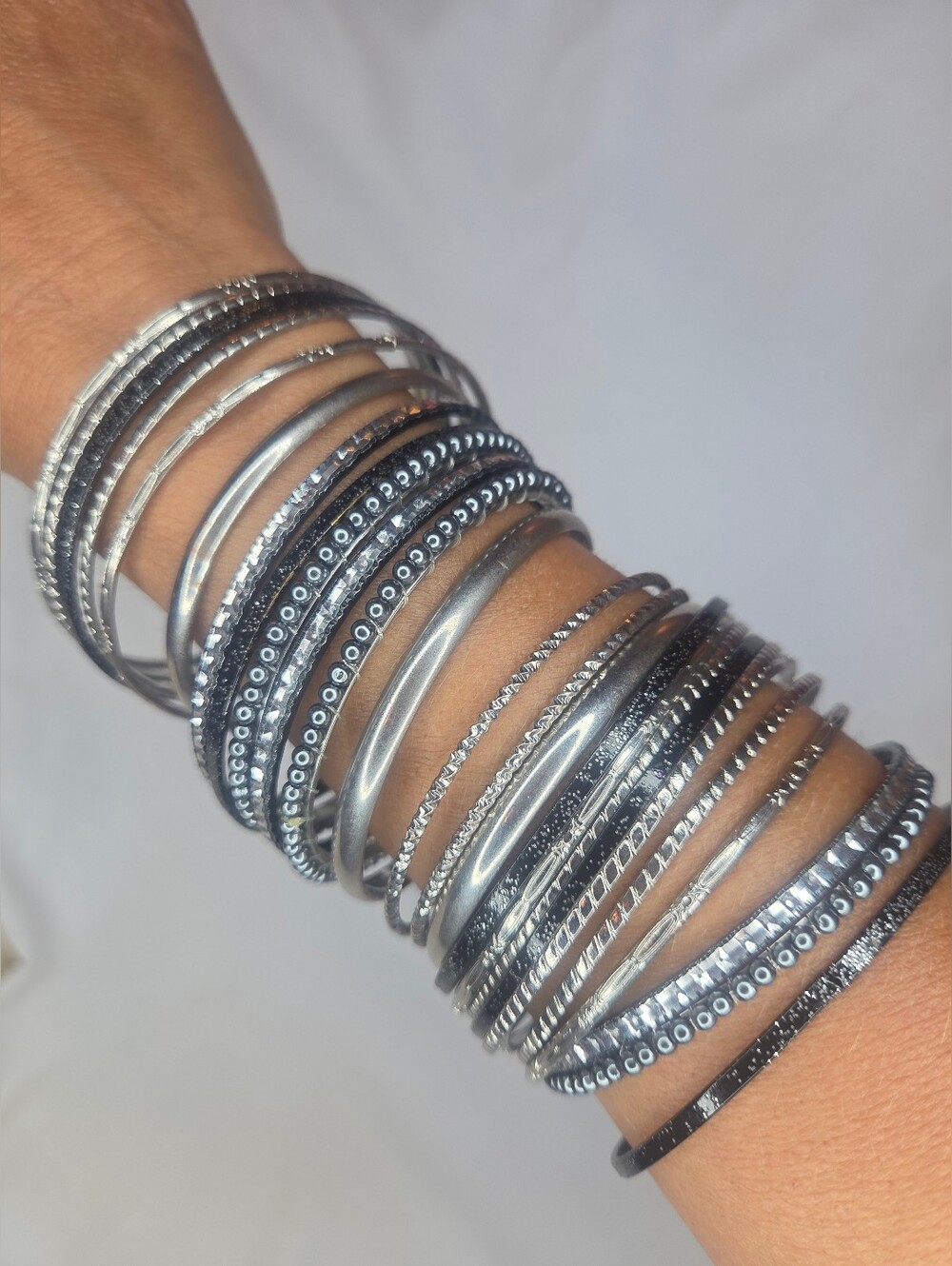 Silver Tones Multi-Stack 80's Bangle Bracelet Set